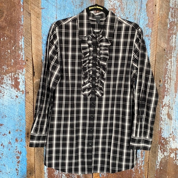 Kenneth Cole Reaction Black Cream Ruffle Shirt Size 6 - Picture 1 of 5